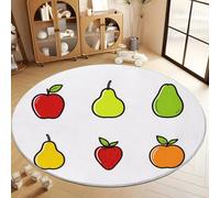 Tapis Rond 60 cm Design Graphique Icônes De Fruits Tapis De Salon Rond Blanc Lavable en Machine Moquette, Chambre Adulte Doux Antidérapant Decoration Chambrel