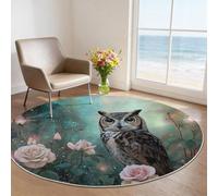 Tapis Rond 60 cm Flanelle Douce Tapis, Jardin Roses Enchanté Floraison Magique Circulaire Salon Chambre Imprimé Antidérapant Intérieur Tapis de Décoration, Romance Ciel Étoilé Hibou