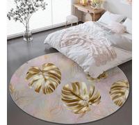 Tapis Rond 60 cm Flanelle Douce Tapis, Luxe Feuilles Tropical Circulaire Salon Chambre Imprimé Antidérapant Intérieur Tapis de Décoration, Or