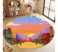 Tapis Rond 60 cm Lavable Machine, Tapis Dessin Animé Western Plantes Architecture à Poils de Sol Décoration Antidérapant Jaune pour Salon Chambre Cuisine Balcon d'enfant Salle à Manger