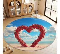 Tapis Rond 60 cm Lavable Machine, Tapis Élégant en Forme De Cœur Fleurs Sable à Poils de Sol Décoration Antidérapant Bleu pour Salon Chambre Cuisine Balcon d'enfant Salle à Manger