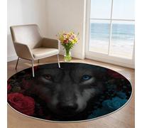 Tapis Rond 60 cm Loup Gothique Faune Esthétique Sombre Mystère Tapis De Salon en Machine, Doux Résistant Moquette De Sol en Flanelle pour Chambre Bureau Cuisine - Fantaisie Rouge Et Bleu Roses Fleurs