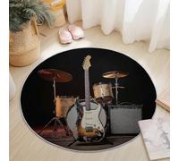 Tapis Rond 60 Cm Rétro Guitare Batterie Brun - Tapis Chambre avec Bords Cousus, Antidérapant Chambre, Lavable De Salon Convient pour Chambre Cuisine Balcon Salon