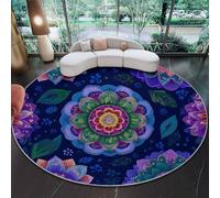 Tapis Rond 60 cm (Round) Lavable Antidérapant Mandala Fleurs Décoration, Tapis Doux Salon Chambre Moquette Courte Facile d’Entretien Bleu
