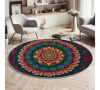 Tapis Rond 60cm Bleu et Rose Salon Chambre Rug Lavable en Machine Tapis Chambre Adulte Doux Magnifique Style Ethnique Datura en Forme de Fleur Descente de Lit AntidéRapant Decoration Chambrel
