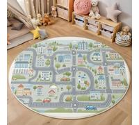 Tapis Rond 60cm, Lavable en Machine pour Salon Style Cartoon Et Enfantin Tapis de Décoration Vert Antidérapant Imprimé Ville Architecture Routes, pour Intérieur Chambre Cuisine Couloir Entrée