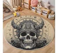 Tapis Rond 60cm, Lavable en Machine pour Salon Style Viking Et Gothique Tapis de Décoration Noir Antidérapant Imprimé Crâne Casque, pour Intérieur Chambre Cuisine Couloir Entrée