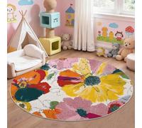 Tapis Rond 80 cm Lavable Machine, Bohème Moderne Moquette Antidérapante Poil Bas Multicolore, Motif Aquarelle Fleurs Plante Feuilles Doux pour Salon, Chambre, Cuisine, Nursery, Bureau