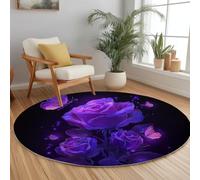 Tapis Rond 80 cm Lavable Machine, Moquette Antidérapante Poil Bas Romantique Mystérieux, Floral Roses Violettes Papillons pour Salon Chambre Salle à Manger Nursery Dortoir Enfants, Tapis de Jeu Bureau