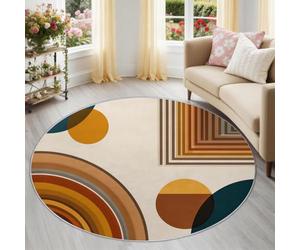 Tapis Rond 80 cm Vintage Bohème Orange Vert Arches Cercles Rayures Tapis Rond, Doux, Antidérapant, Lavable - Convient pour Chambre à Coucher, Entrée, Salle à Manger, Dortoir Familial Studio de Design