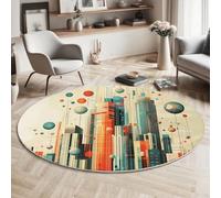 Tapis Rond 80cm Rétro-futurisme Douce Tapis Circulaire Salon Chambre Paysage Urbain Antidérapant Lavable Tapi de Sol Tapi de Décoration(Orange-Vert)