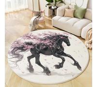 Tapis Rond 90 Cm Cheval Noir Et Fleurs Cerisier Salon Chambre Rug Lavable en Machine Tapis Chambre Adulte Doux Style Anime Japonais Descente De Lit Antidérapant Decoration Chambrel Mangerded Blanc