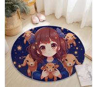 Tapis Rond 90 Cm Dessin Animé Fille Poupée Agneau Bleu - Ultra-Doux en Laine Fine Et Polyester, Antidérapant, Facile À Nettoyer, Résistant À L’Usure, Design Élégant Et Durable