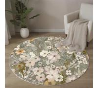 Tapis Rond 90 Cm Fleurs du Jardin Salon Chambre Rug Lavable en Machine Tapis Chambre Adulte Doux Jardin Anglais Descente De Lit Antidérapant Decoration Chambrel Mangerded Gris Clair