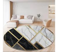 Tapis Rond 90 cm, Gris Tapis de Salon Lavable en Texture De Marbre Lignes Dorées modèle, Descente de lit Douce et antidérapante pour Chambre, pour décoration intérieure, Salle à Manger