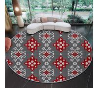 Tapis Rond 90 Cm Motif Traditionnel en Croix Motif Floral Tapis De Salon Rond Lavable en Machine Antidérapant Tapis Chambre Adulte Descente De Lit Tapis Décoration Intérieur Rouge