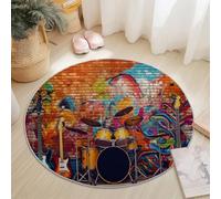 Tapis Rond 90 Cm Street Art Guitare Batterie - Confectionné en Flanelle Et Polyester, Confortable, Lavable, Anti-Dérapant, Résistant À La Décoloration Et Usage Quotidien Coloré