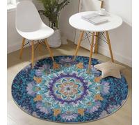 Tapis Rond 90 Cm Style Ethnique Mandala Motif Bleu - Tapis Chambre avec Bords Cousus, Antidérapant Chambre, Lavable De Salon Convient pour Chambre Cuisine Balcon Salon