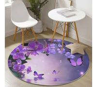 Tapis Rond 90 cm, Violet Tapis de Salon Lavable en Magnifique Papillon Orchidée modèle, Descente de lit Douce et antidérapante pour Chambre, pour décoration intérieure, Salle à Manger