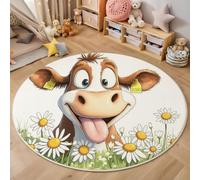 Tapis Rond 90cm, Dessins Animés Animaux Lavable Antidérapant Pliable Brun Tapis, Doux et Moelleux Vache Marguerite Étiquette d'oreille Imprimé Carpette pour Salon Chambre Chambre d'enfant