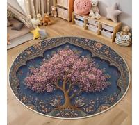 Tapis Rond 90cm, Lavable en Machine pour Salon l'art Indien Et Persan Tapis de Décoration Rose Antidérapant Imprimé Plantes Arbres en Fleurs Feuilles Vertes, pour Chambre Cuisine Couloir Entrée