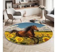 Tapis Rond à Motif Champs Fleurs Course Pied Chevaux, Tapis Rond Lavable et Antidérapant, 100cm Moquette Doux à Imprimé Géographie Multicolore pour Cuisine, Entrée, Salon, Couloir, Chambre