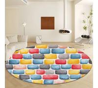 Tapis Rond à Mur Géométrique Coloré Carreaux, Tapis de Ultra Fin Diamètre 180 cm Doux Antidérapant et Lavable - Couleur Style Dessiné À La Main pour Chambre Entrée Salle à Manger ou Dortoir Familial