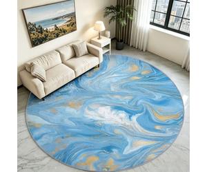Tapis Rond Abstrait Marbre Salon, Poil Bas Doux Antidérapant 120 cm | Courbes Marbrées Ton Bleu Océan, Effet Laine sans Perte de Poils, Lavable en Machine, Tapis Résistant Salle de Séjour