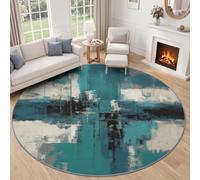 Tapis Rond Abstrait Moderne, Tapis Antidérapant De Salon Salle À Manger Chambre Cuisine, Lavable Interieur Décoration Design Géométrique Minimaliste Bloc, Cyan Bleu Poil Court Doux 150 cm