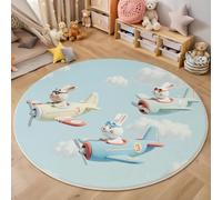 Tapis Rond Amusant comme Un Enfant Dessin Animé, Doux Poils Courts Lapin Avion Nuage Imprimé Antidérapant et Lavable Bleu Tapis de Sol, pour Décoration Salle à Manger Canapé Cuisine 120cm