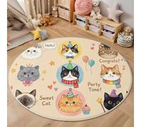 Tapis Rond Animaux De Compagnie Thème Joyeux Salon Lavable en Machine, Coloré Tapis de Sol Décoration Chat Chapeau De Fête Étoile Facile À Nettoyer Antidérapant, pour Salon Chambre Balcon 60cm
