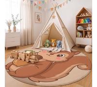 Tapis Rond Animaux De Dessin Animé Amusants Salon 100cm | Lavable En Machine Pour Salon, Antidérapant, Tapis Écureuil Gland Feuilles De Chêne Pour Chambre Chambre D’enfant Nurserie, Brun Clair