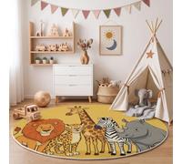 Tapis Rond Animaux De La Savane Africaine 80cm Lavable en Machine | Lion Guépard Girafe Tapis Rond Antidérapant Jaune pour Chambre d'enfant Salle De Jeux Descente De Lit