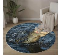 Tapis Rond Animaux Sauvages Réalistes Lavable Machine, Bleu Foncé Tapis Imprimé Crocodiles Surface De L'Eau Antidérapant Absorbant, pour Salon Chambre Salle à Manger Nursery Salle de Jeux, 150cm