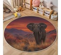Tapis Rond Animaux Sauvages Réalistes, Tapis Couleur Orange Poils Courts Doux Imprimé Éléphants Prairies, Lavable en Machine et Facile d’Entretien, pour Chambre à Coucher Cuisine Salle à Manger 180cm