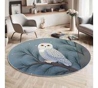 Tapis Rond Animé Chouette Des Neiges D'Arbre 80 Cm, Lavable En Machine Pour Salon, Ne Perd Pas Ses Poils, Antidérapant | Tapis Animaux Naturels Pour Chambre À Coucher Chambre D'Enfant, Bleu Gris