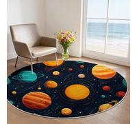 Tapis Rond Antidérapant 100 cm, Dessins Animés Espace Planètes décoration intérieure Rond Imprimé Tapis, Noir Jaune Lavables Flanelle Douce Circulaire pour Salon Chambre Cuisine Bureau