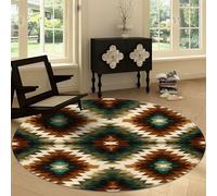 Tapis Rond Antidérapant 120 cm, Imprimé Rayures Géométriques Tribales en Losange Rond Tapis Doux Moelleux Style Rétro Lavable pour Décoration Salle à Manger Chambre Canapé Cuisine