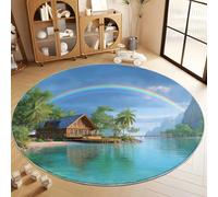 Tapis Rond AntidéRapant 120 cm, Tapis Rond Nature Moderne Tropical Rainbow Lavable Machine Antidérapante Poil Bas pour Salon Chambre Cuisine Nursery Bureau, Bleu