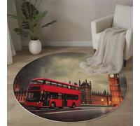 Tapis Rond Antidérapant 120cm, Doux Moelleux Bus Big Ben Imprimé Photographie Paysage Urbain Lavable Poil Bas Rouge Tapis de décoration, pour Décoration Salle à Manger Chambre Canapé