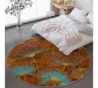 Tapis Rond Antidérapant 150 cm, Abstrait Feuille d'or Chrysanthème Fleurs décoration intérieure Rond Imprimé Tapis, Brun Lavables Flanelle Douce Circulaire pour Salon Chambre Cuisine Bureau