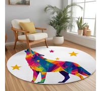 Tapis Rond Antidérapant 180 cm Art Moderne, Tapis Lavable en Machine Animal Loup Géométrique Étoile pour Salon - Moquette Coureur Imprimé pour Salle à Manger Chambre d’Enfant Nurserie