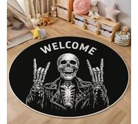 Tapis Rond Antidérapant 180cm, Doux Moelleux Crâne Geste De Roche Imprimé Éléments Rock Amusants Lavable Poil Bas Noir Tapis de décoration, pour Décoration Salle à Manger Chambre Canapé
