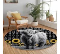 Tapis Rond Antidérapant 220 cm Photographie de Nature, Tapis Lavable en Machine Animal Taureau des Highlands Fleur pour Salon - Moquette Coureur Imprimé pour Salle à Manger Chambre d’Enfant Nurserie