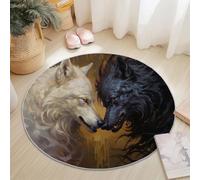 Tapis Rond Antidérapant Dark Fantasy Animal Loup Imprimer Grand et Léger, Noir Blanc Lavable en Machine Poils Courts Tapis Rond 60 cm pour Bureau Salle à Manger L'intérieur Décorer