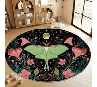 Tapis Rond Antidérapant de Décoration, Tapis Rond Doux Enfant Fleurs Éthéré Animaux Papillon De Nuit pour Salon Chambre Cuisine Balcon Terrasse Salle à Manger Intérieur Extérieur (60 cm, Noir)