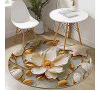 Tapis Rond antidérapant de Style Magnolia 3D Moderne Doux et Lavable en Machine, pour Chambre à Coucher Salon Salle à Manger décoration d'intérieur - 90 cm, Blanc Or