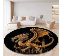 Tapis Rond Antidérapant Fantastique Dragon Doré Art du Jeu Vidéo Imprimer Grand et Léger, Noir Or Lavable en Machine Poils Courts Tapis Rond 150 cm pour Bureau Salle à Manger L'intérieur Décorer