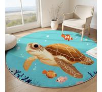 Tapis Rond Antidérapant, Tapis à Poils Courts de Sol Lavable Dessin Animé Océan Animaux Tortue De Mer pour Chambre d'enfant Salle de bain Chambre de vacances - Bleu Azur Confortable Moquette 180 cm