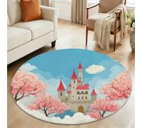 Tapis Rond Antidérapant, Tapis à Poils Courts de Sol Lavable Féerique Château Cerisier en Fleurs Enfant pour Chambre De Fille Chambre sur Le Thème des Princesses - Bleu Confortable Moquette 120 cm